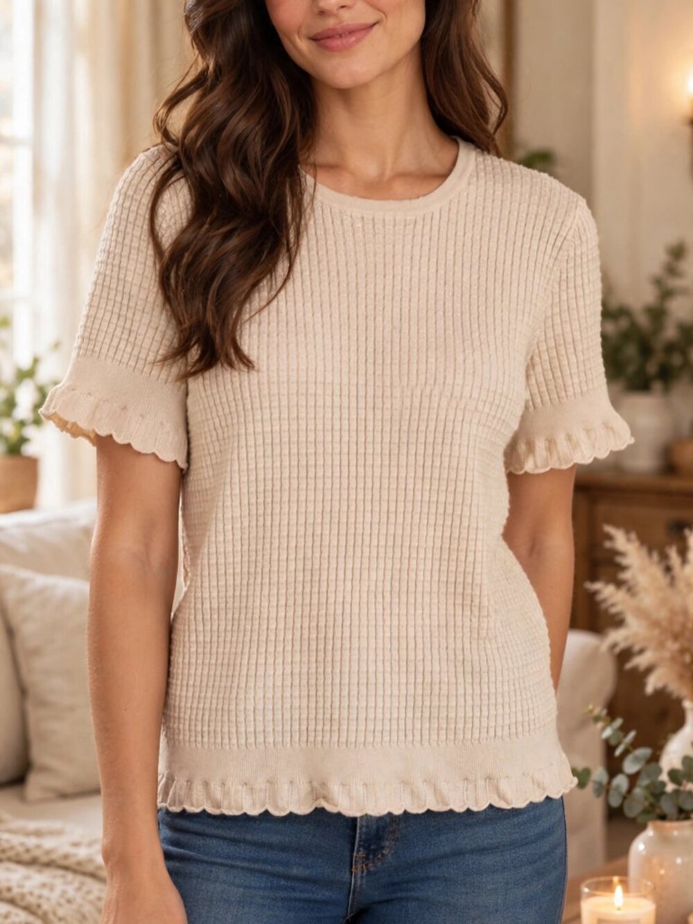 Philosophy XL Cream Waffle Knit Top Ruffle Sleeves Womens Boho Cottagecore